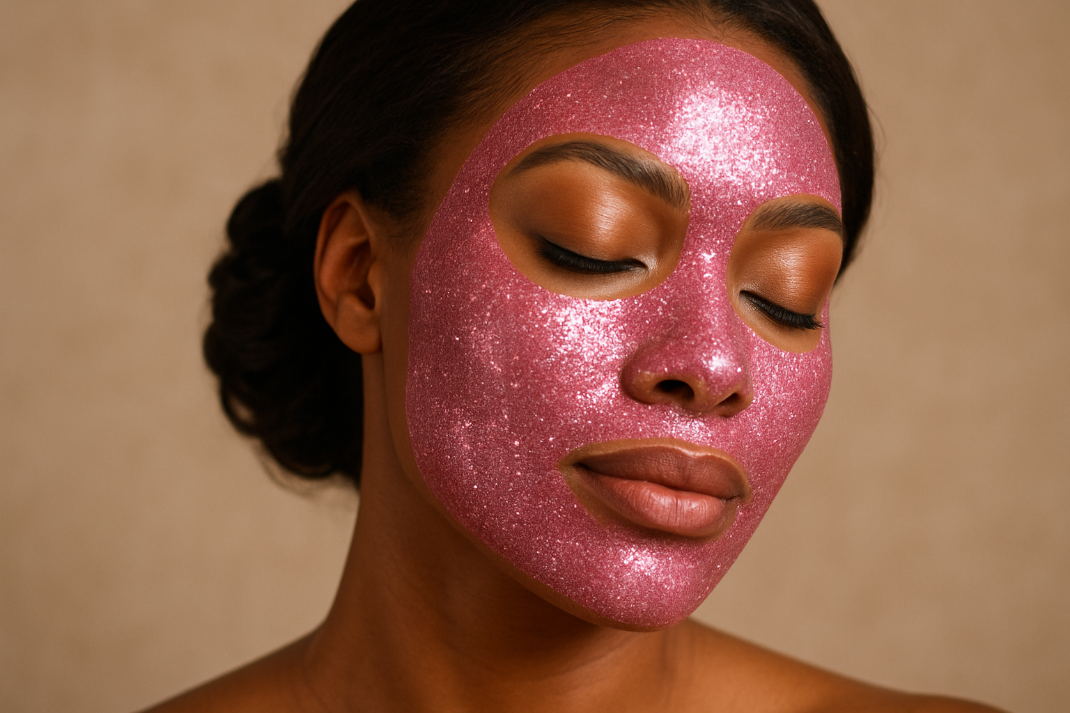 very pink and sparkly face mask on a beautiful brown woman